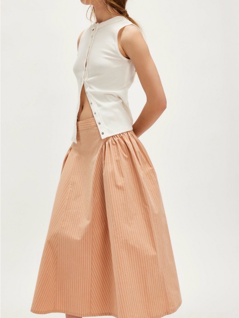 Free People Katia Peach Pinstripe A-Line Midi Skirt